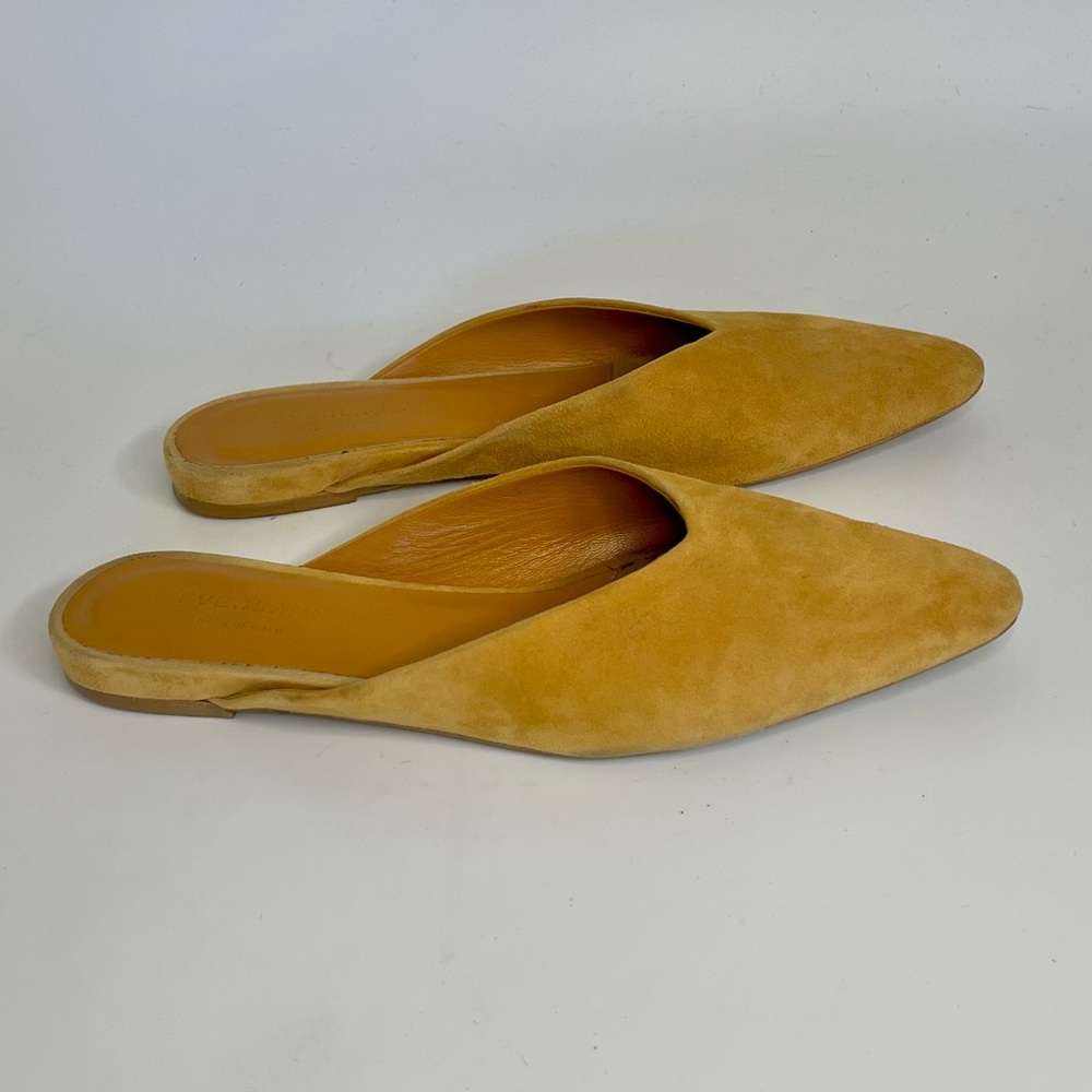 Everlane flat mules, suede mustard color, size 10